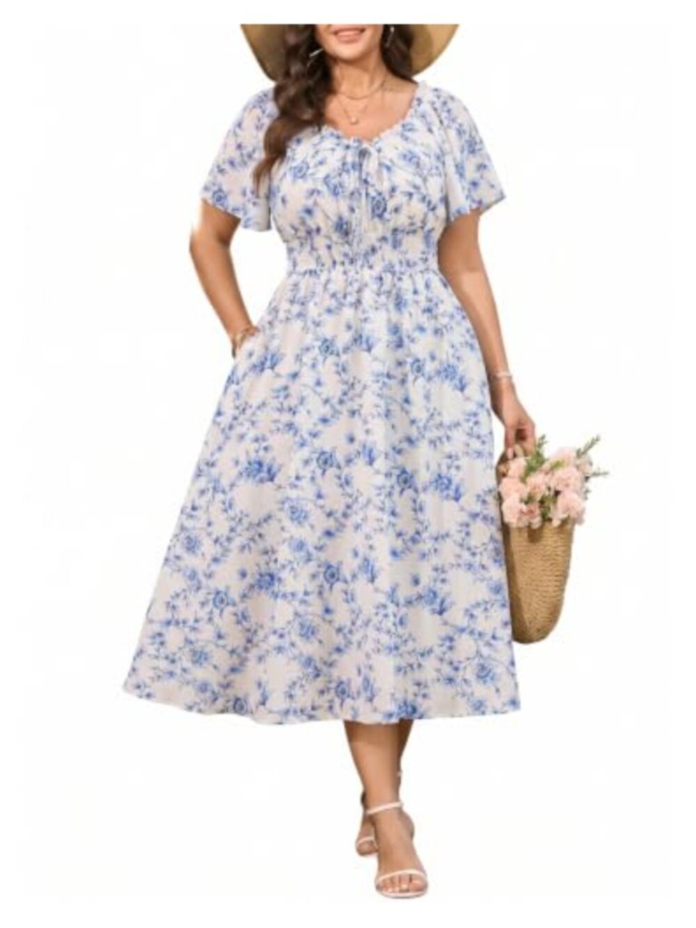 Plus Size Boho Maxi Dress Scoop Neck Tie Front Flowy Casual